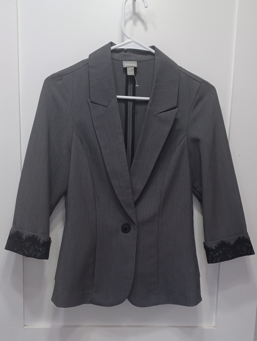 Gray Black Dressy Summer Blazer Jacket with Black Lace Details by Vanity, Small
